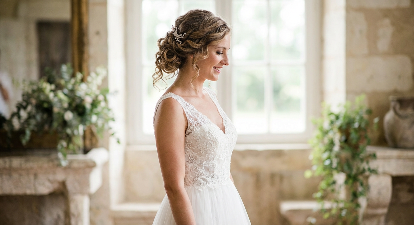 Bride with professionally styled wedding hair in Waterloo Region