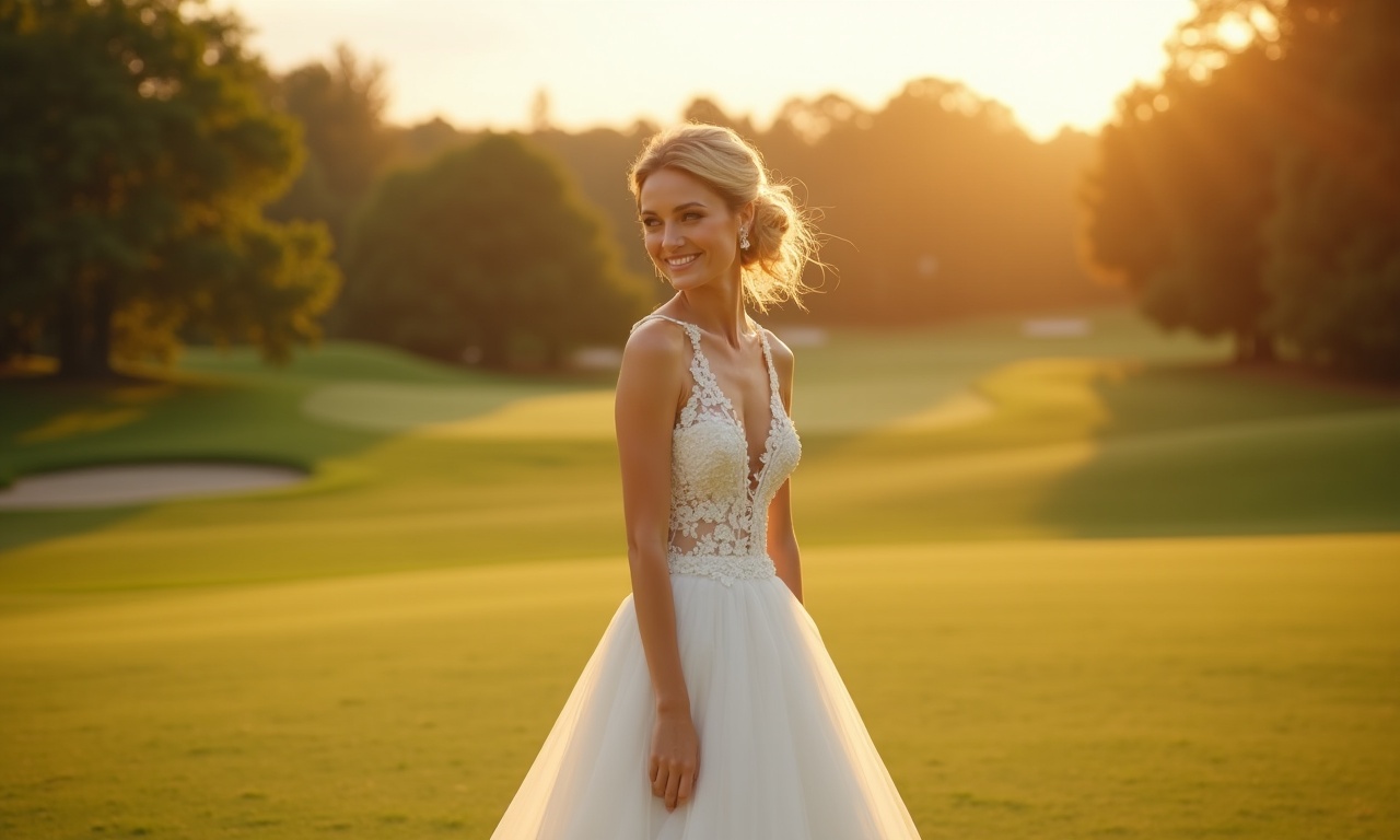 Bride in ivory wedding gown with a low chignon hairstyle standing on a golf course fairway at golden hour, Deer Ridge Golf Club Kitchener wedding aesthetic