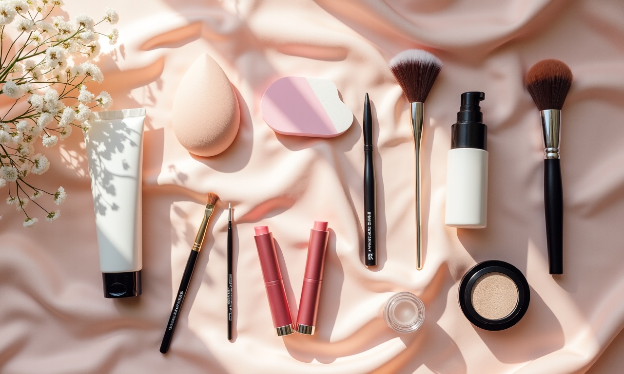 Overhead flat-lay of a professional bridal makeup kit on blush satin with primer, beauty sponge, lipsticks, setting powder compact, setting spray bottle, and makeup brushes