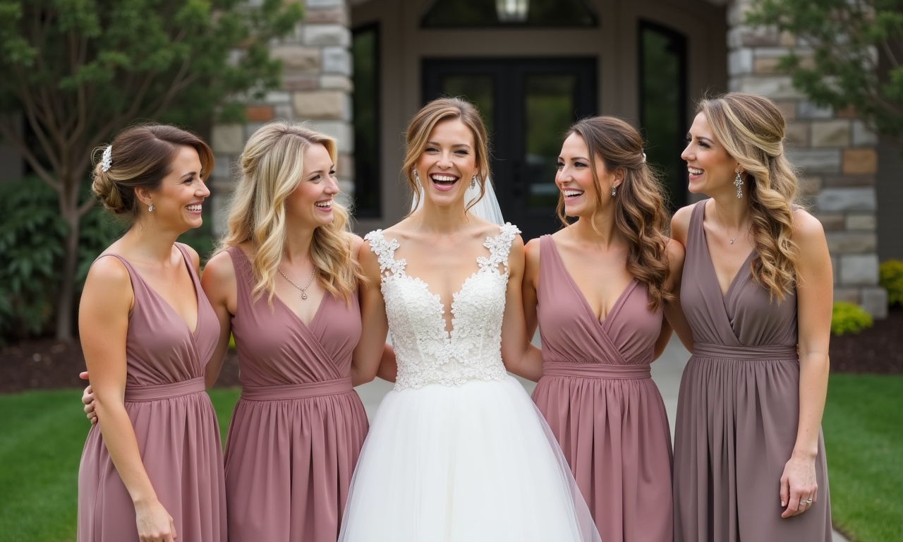A bride in an ivory wedding gown laughing with her four bridesmaids in dusty rose dresses outside a stone-facade Canadian wedding venue, all with coordinated professional hair and makeup