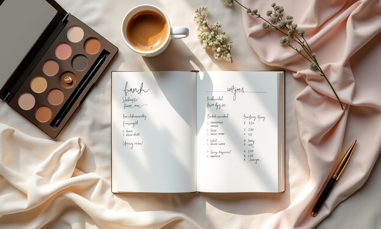 Bridal pricing planning flat-lay with notebook, makeup palette, coffee, and blush linens on a soft beige surface