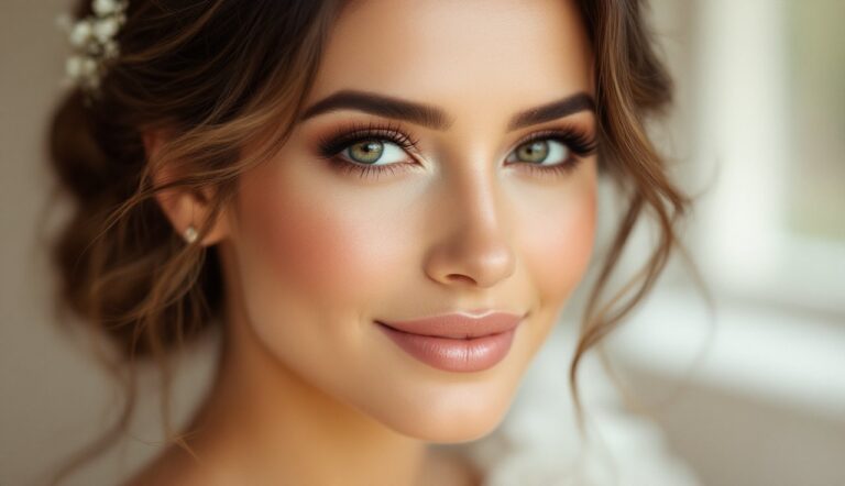 Professional wedding day hair and makeup Waterloo - bride with elegant updo and natural glam makeup